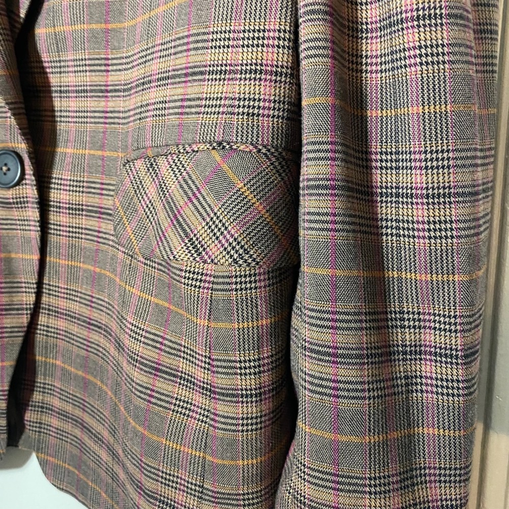 Free People Women's Plaid Blazer Jacket Brown Pink Orange Career Puff Sleeve‎ - Picture 7 of 9